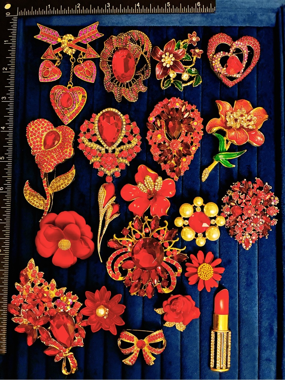 Lot 20 Red Brooch Pins Rhinestone Enamel Floral Heart Bow Lipstick Jewelry